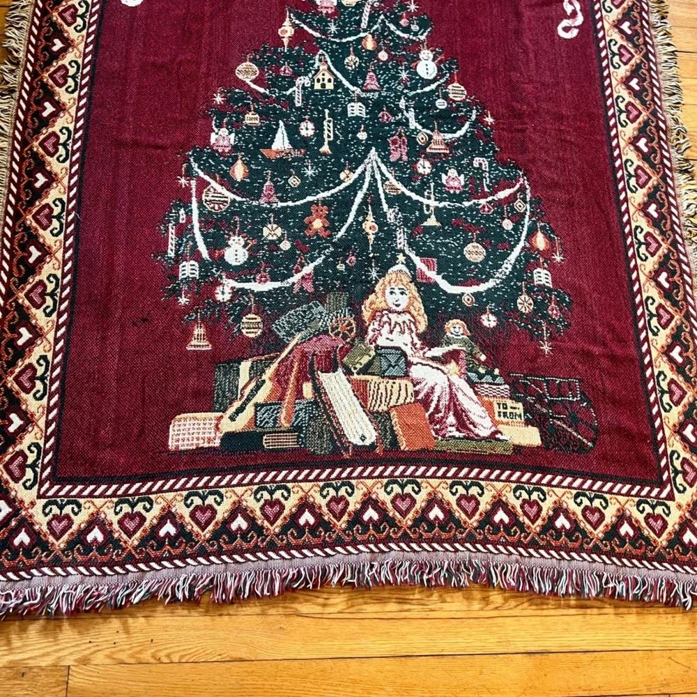 Crown Crafts Christmas Tree Woven Tapestry Throw Blanket Burgundy Cotton USA